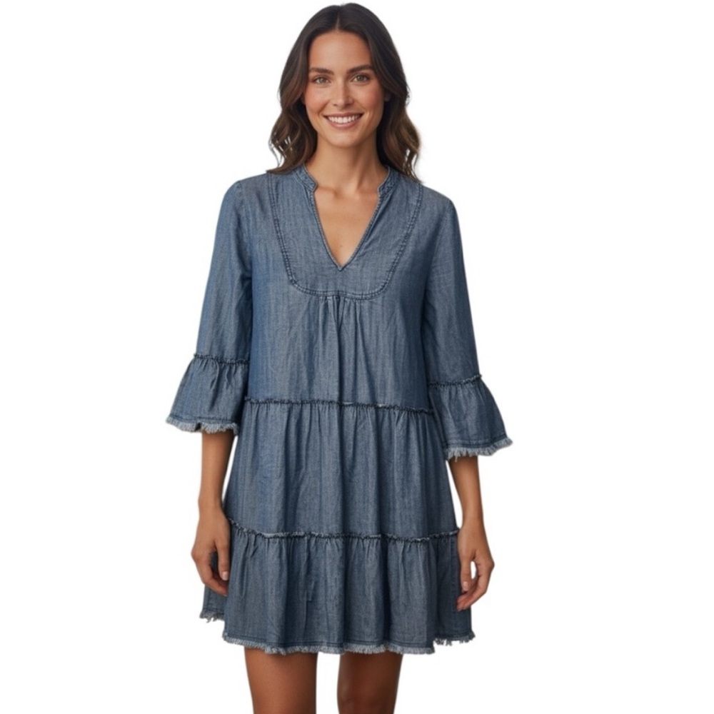 Trina Turk Movie Colony Chambray Tiered Dress 3/4 Sleeve Size M